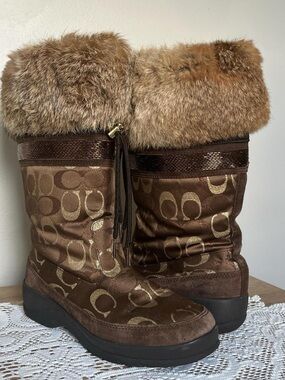 Coach Brown and Gold Logo Winter Fur-Trim Boots